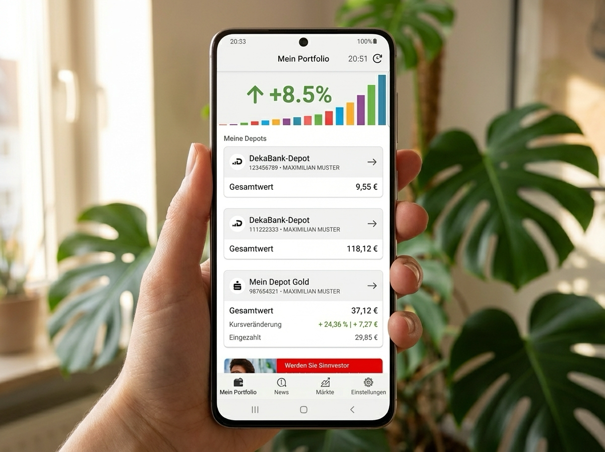 Smartphone mit Portfolio-Übersicht und positivem Trend